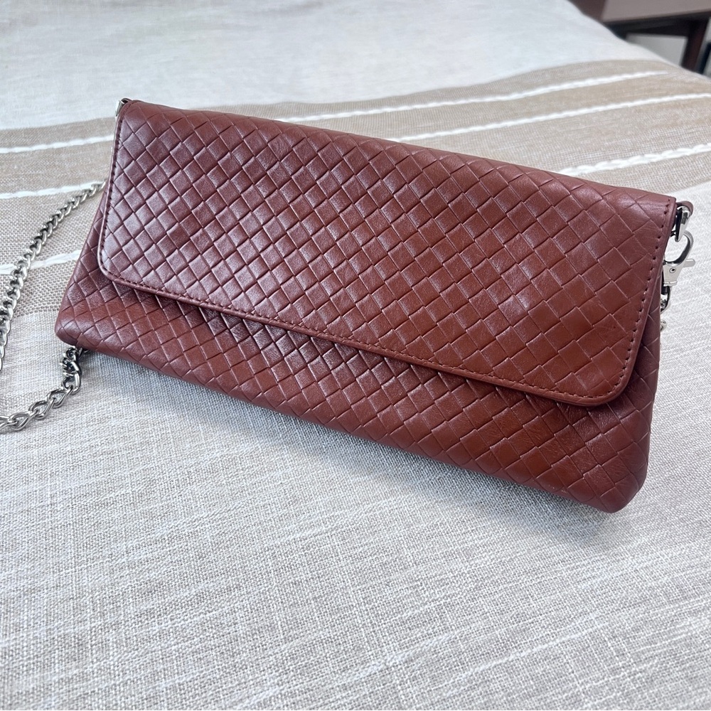 Sophisticated Brown Woven Leather Clutch with Chain Strap NWOT